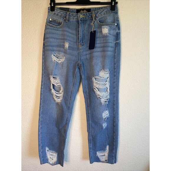 new jeans Super High Rise Distressed Straight Denim 9/28 indigo grunge - Picture 1 of 11